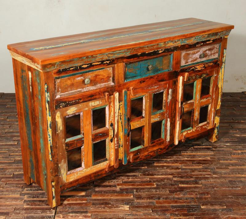 SOLID RECLAIMED TEAK & GLASS 3 DOOR, 3 DRAWER  CABINET CONSOLE SIDEBOARD