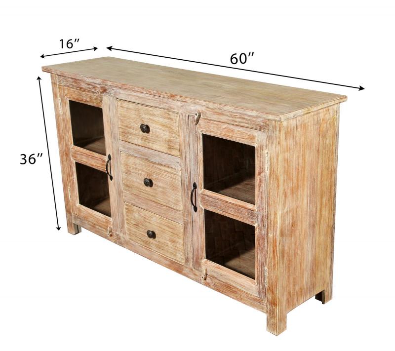 SOLID RECLAIMED TEAK & GLASS 2 DOOR, 3 DRAWER  CABINET CONSOLE SIDEBOARD CABINET