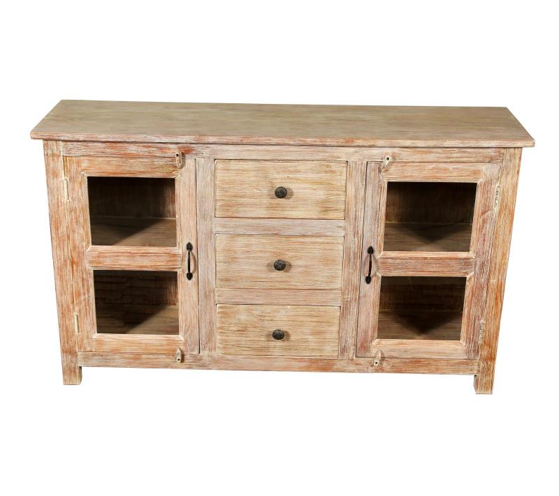SOLID RECLAIMED TEAK & GLASS 2 DOOR, 3 DRAWER  CABINET CONSOLE SIDEBOARD CABINET