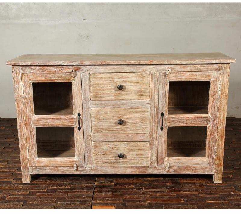 SOLID RECLAIMED TEAK & GLASS 2 DOOR, 3 DRAWER  CABINET CONSOLE SIDEBOARD CABINET