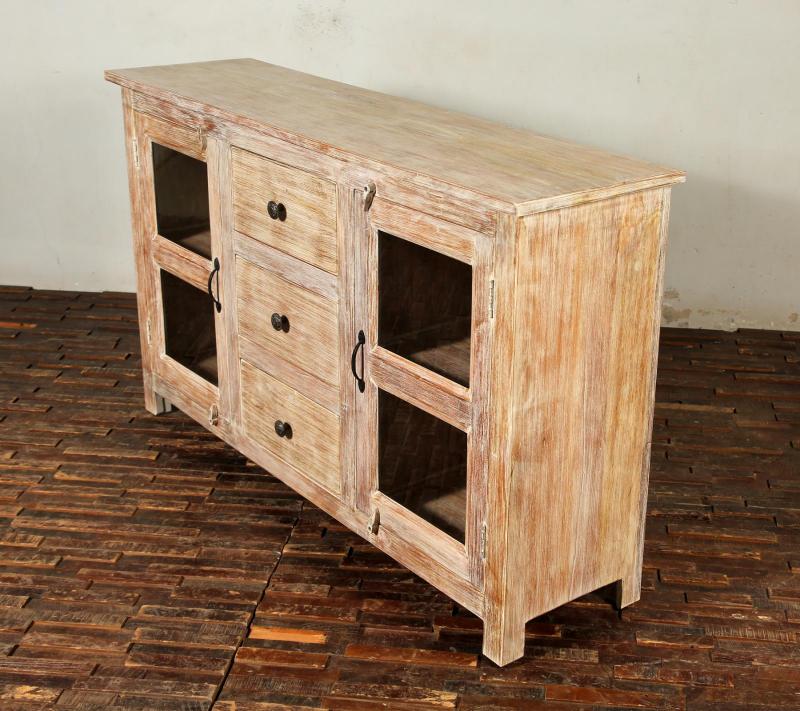 SOLID RECLAIMED TEAK & GLASS 2 DOOR, 3 DRAWER  CABINET CONSOLE SIDEBOARD CABINET