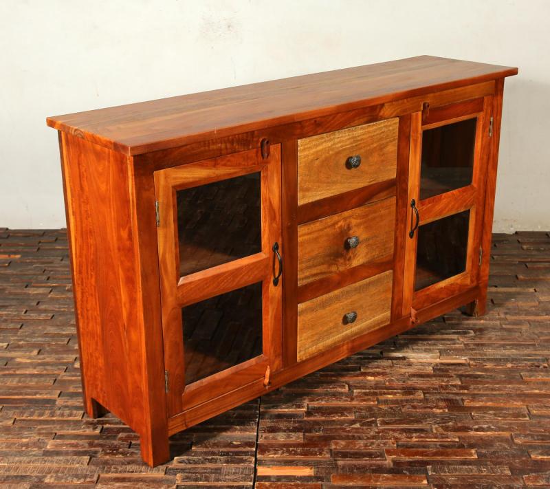 SOLID RECLAIMED TEAK & GLASS 2 DOOR, 3 DRAWER  CABINET CONSOLE SIDEBOARD