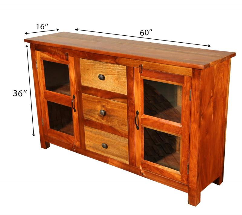 SOLID RECLAIMED TEAK & GLASS 2 DOOR, 3 DRAWER  CABINET CONSOLE SIDEBOARD