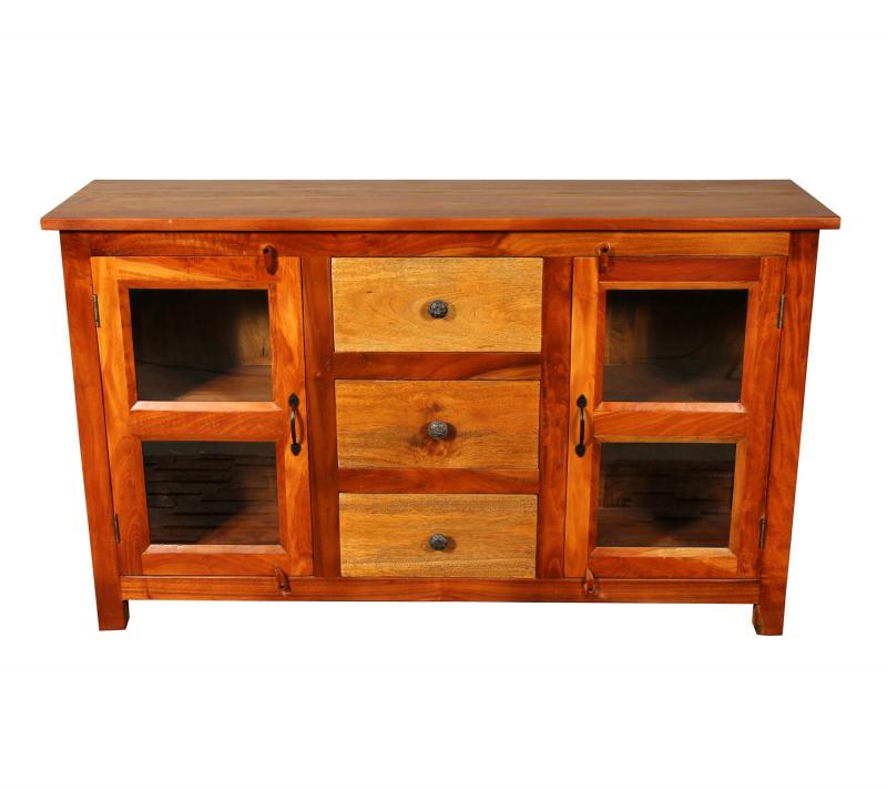 SOLID RECLAIMED TEAK & GLASS 2 DOOR, 3 DRAWER  CABINET CONSOLE SIDEBOARD