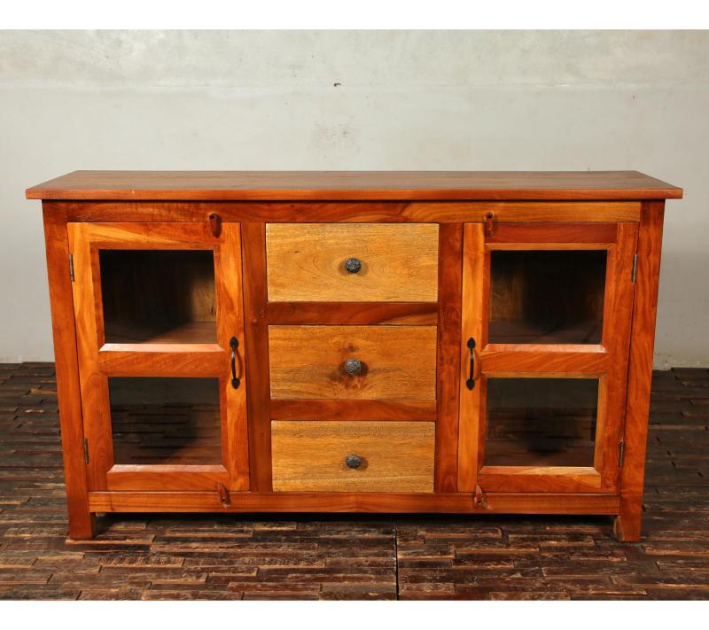 SOLID RECLAIMED TEAK & GLASS 2 DOOR, 3 DRAWER  CABINET CONSOLE SIDEBOARD