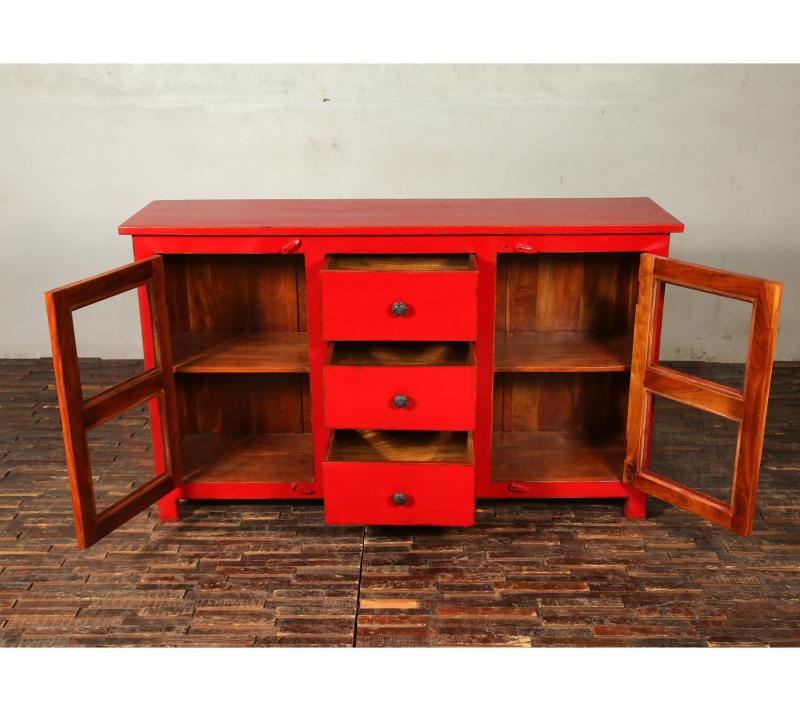 SOLID RECLAIMED TEAK & GLASS 2 DOOR, 3 DRAWER  CABINET CONSOLE SIDEBOARD
