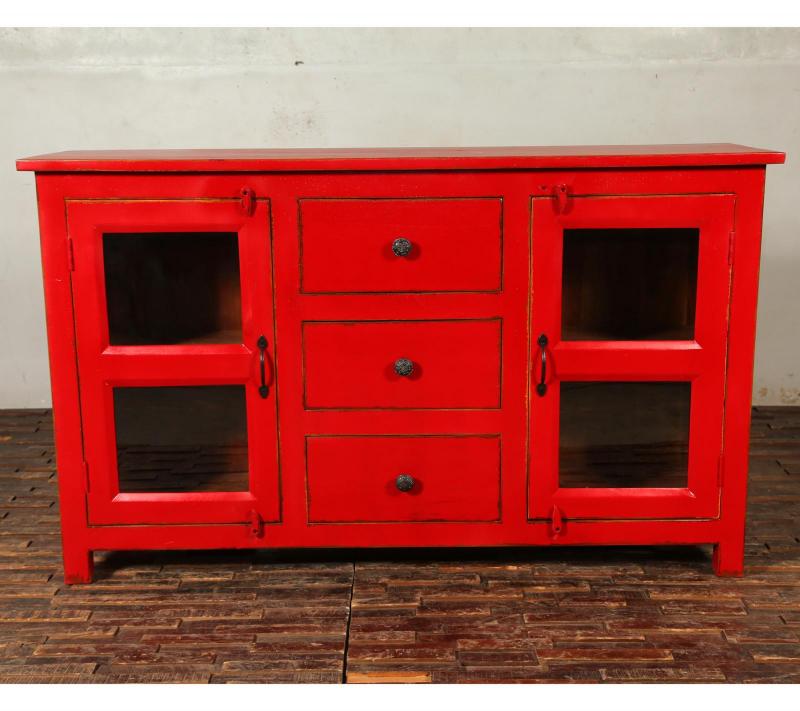 SOLID RECLAIMED TEAK & GLASS 2 DOOR, 3 DRAWER  CABINET CONSOLE SIDEBOARD