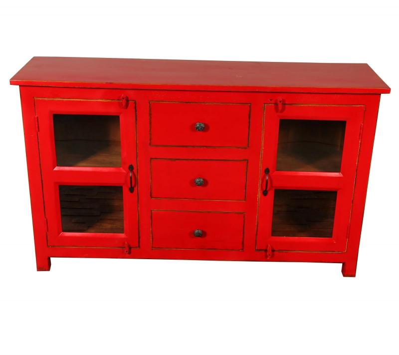 SOLID RECLAIMED TEAK & GLASS 2 DOOR, 3 DRAWER  CABINET CONSOLE SIDEBOARD