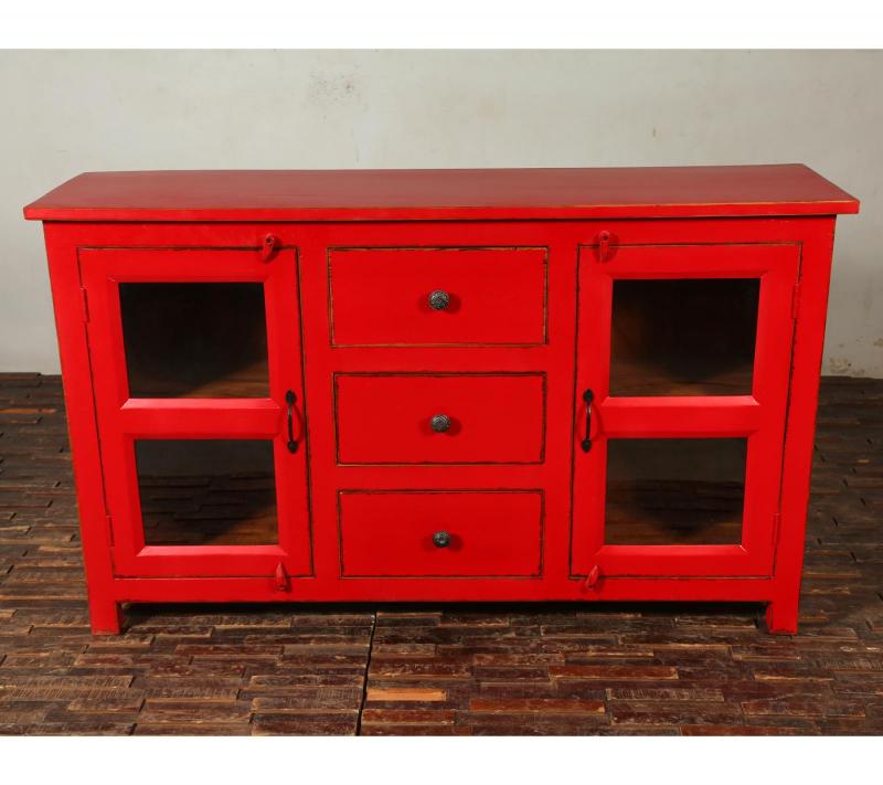 SOLID RECLAIMED TEAK & GLASS 2 DOOR, 3 DRAWER  CABINET CONSOLE SIDEBOARD