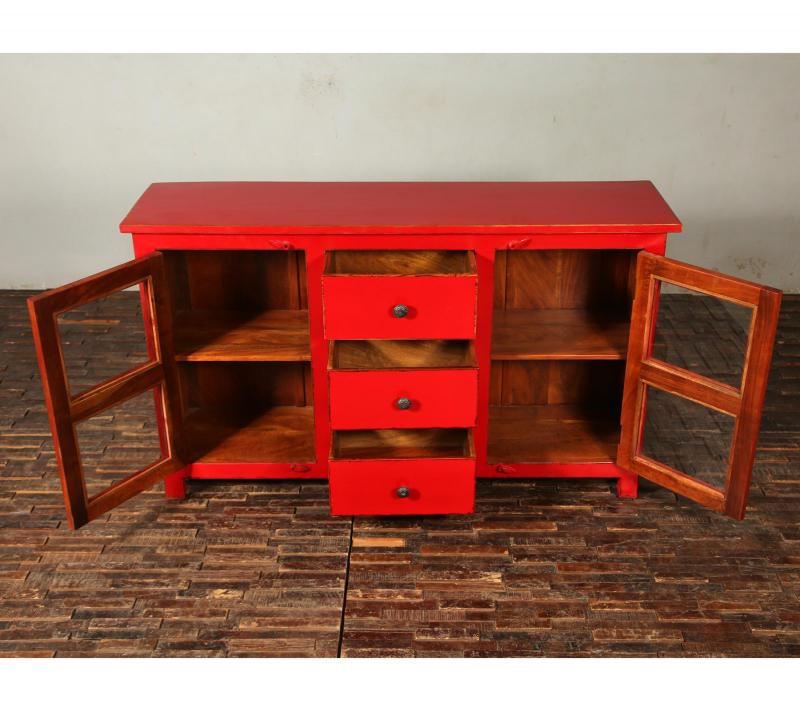 SOLID RECLAIMED TEAK & GLASS 2 DOOR, 3 DRAWER  CABINET CONSOLE SIDEBOARD