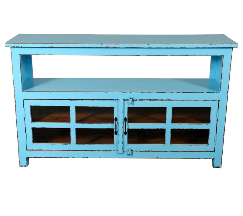 SOLID RECLAIMED TEAK & GLASS 2 DOOR CABINET CONSOLE SIDEBOARD