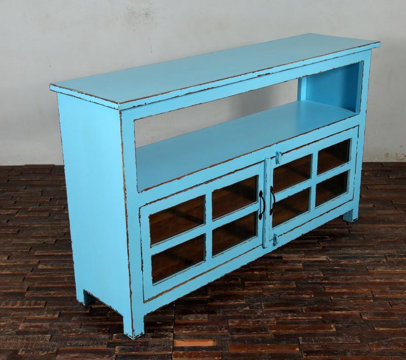 SOLID RECLAIMED TEAK & GLASS 2 DOOR CABINET CONSOLE SIDEBOARD
