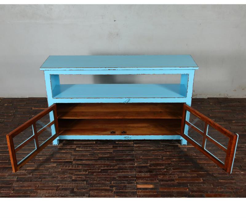 SOLID RECLAIMED TEAK & GLASS 2 DOOR CABINET CONSOLE SIDEBOARD