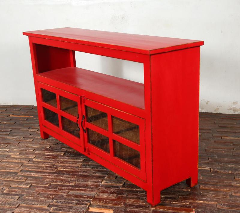 SOLID RECLAIMED TEAK & GLASS 2 DOOR CABINET CONSOLE SIDEBOARD