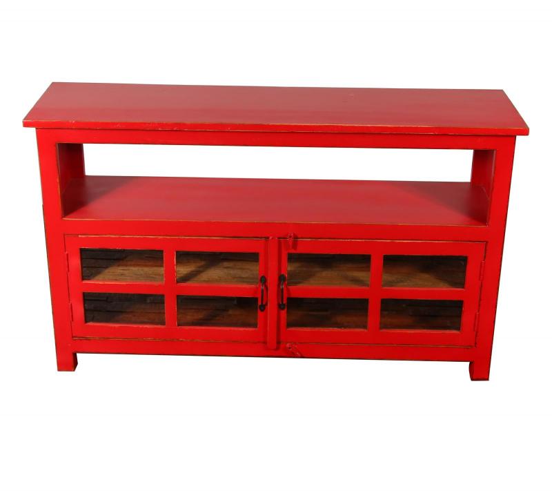 SOLID RECLAIMED TEAK & GLASS 2 DOOR CABINET CONSOLE SIDEBOARD