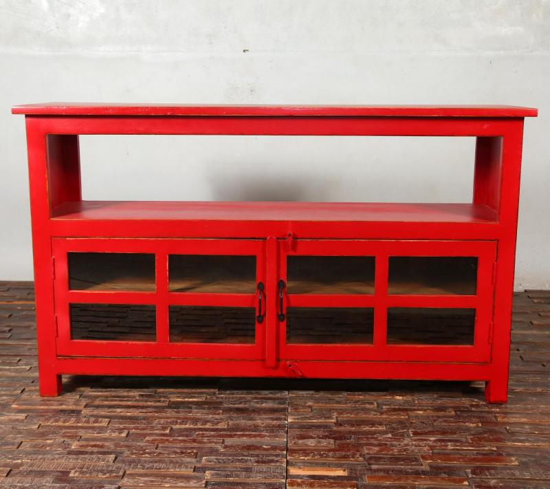 SOLID RECLAIMED TEAK & GLASS 2 DOOR CABINET CONSOLE SIDEBOARD