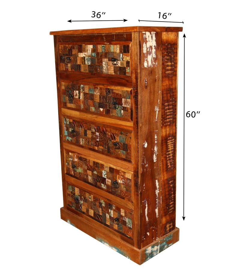 Solid Reclaimed Teak Wood Dresser Bureau Chest w/ Carved Detail