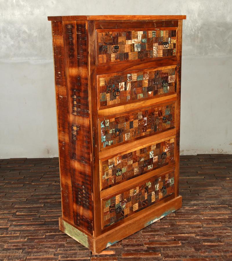 Solid Reclaimed Teak Wood Dresser Bureau Chest w/ Carved Detail