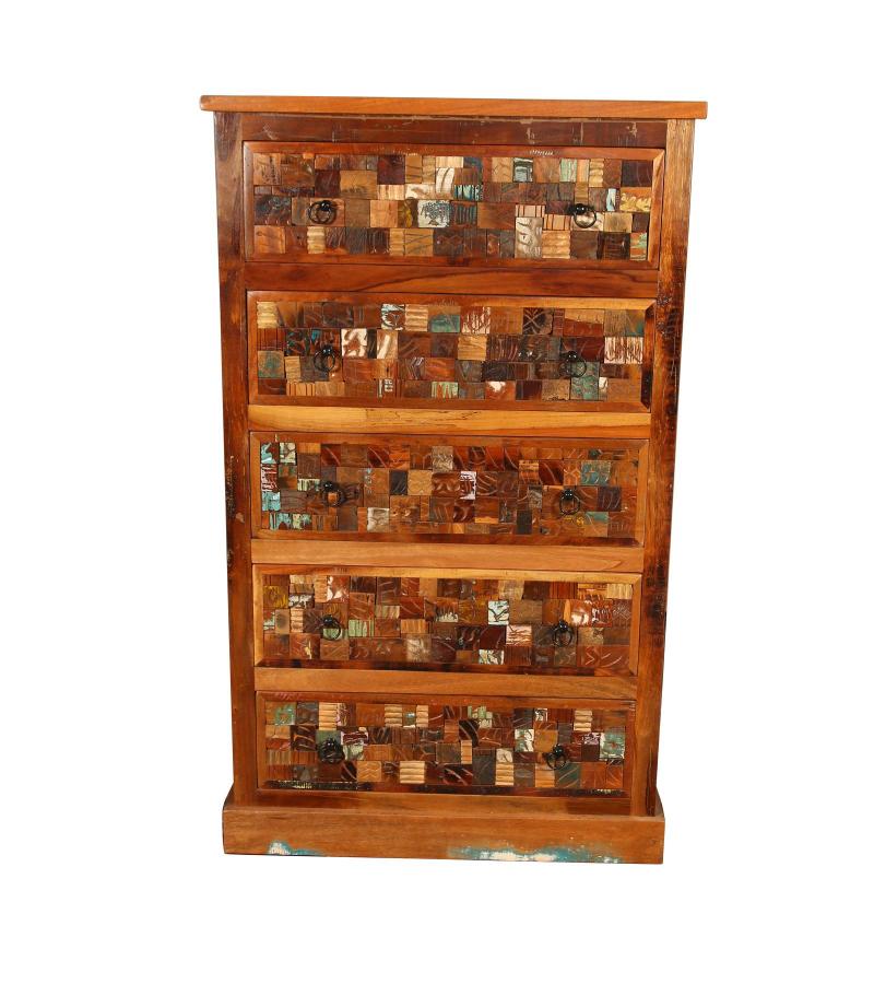 Solid Reclaimed Teak Wood Dresser Bureau Chest w/ Carved Detail