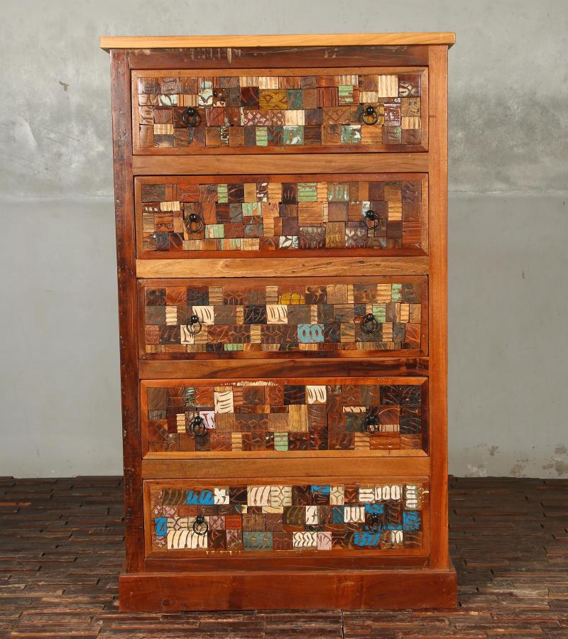 Solid Reclaimed Teak Wood Dresser Bureau Chest w/ Carved Detail