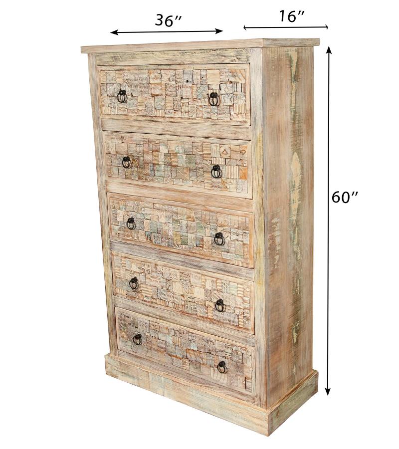 Solid Reclaimed Teak Wood Dresser Bureau Chest w/ Carved Detail