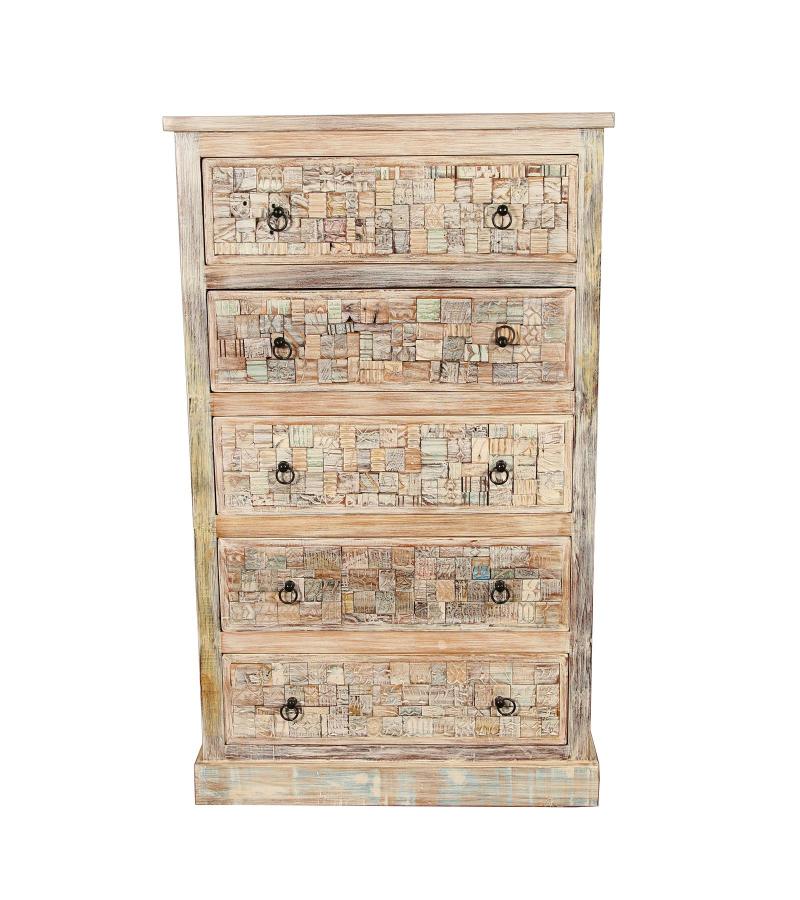 Solid Reclaimed Teak Wood Dresser Bureau Chest w/ Carved Detail