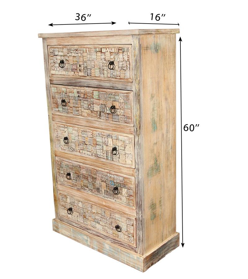 Solid Reclaimed Teak Wood Dresser Bureau Chest w/ Carved Detail