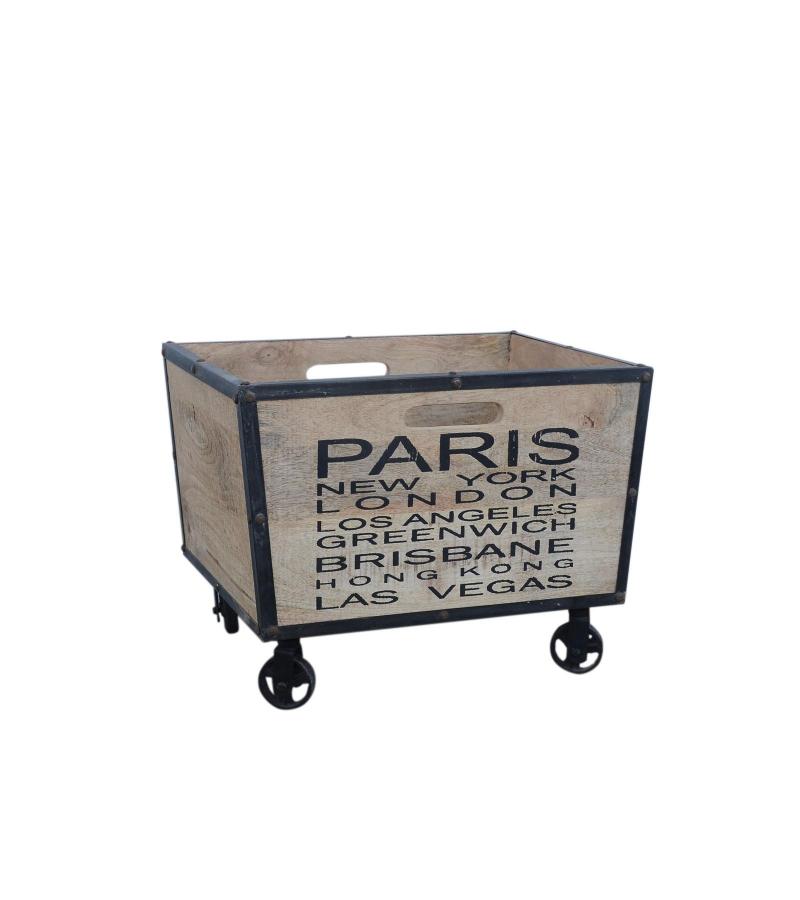 SOLID WOOD & IRON TRIM STORAGE BOX ON WHEELS