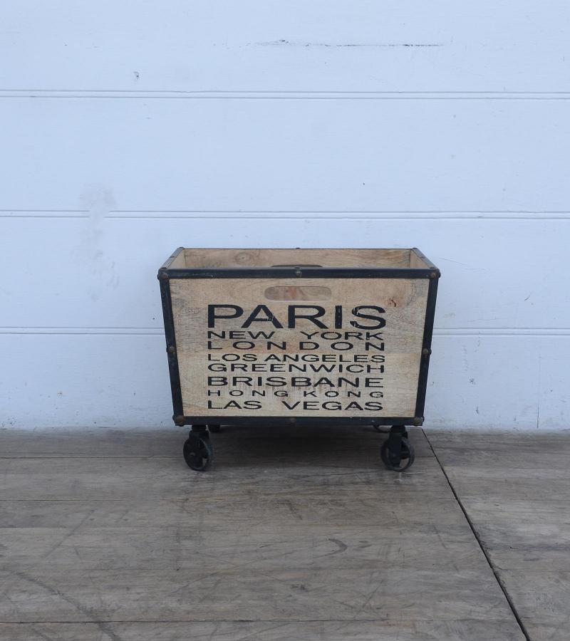 SOLID WOOD & IRON TRIM STORAGE BOX ON WHEELS