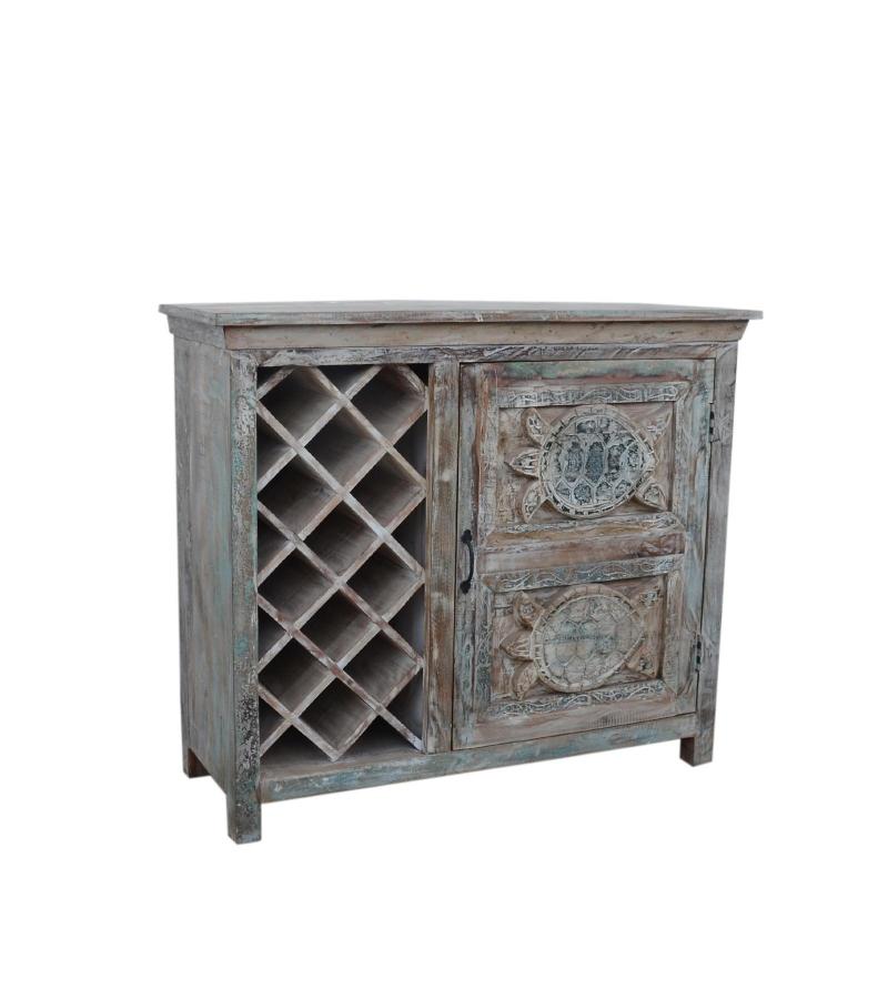 SOLID RECLAIMED TEAK WOOD WINE BAR W/ STORAGE & HAND CARVED TURTLES