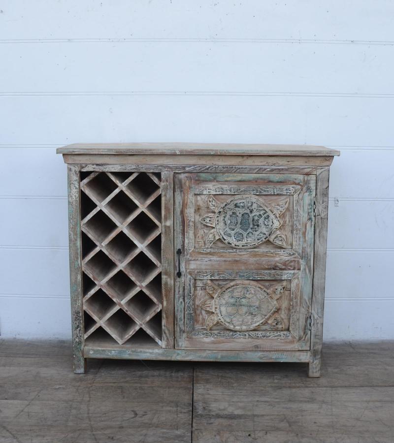 SOLID RECLAIMED TEAK WOOD WINE BAR W/ STORAGE & HAND CARVED TURTLES