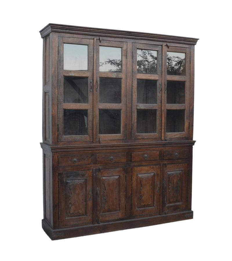 VINTAGE RECLAIMED TEAK WOOD & GLASS 2 PIECE CABINET HUTCH 