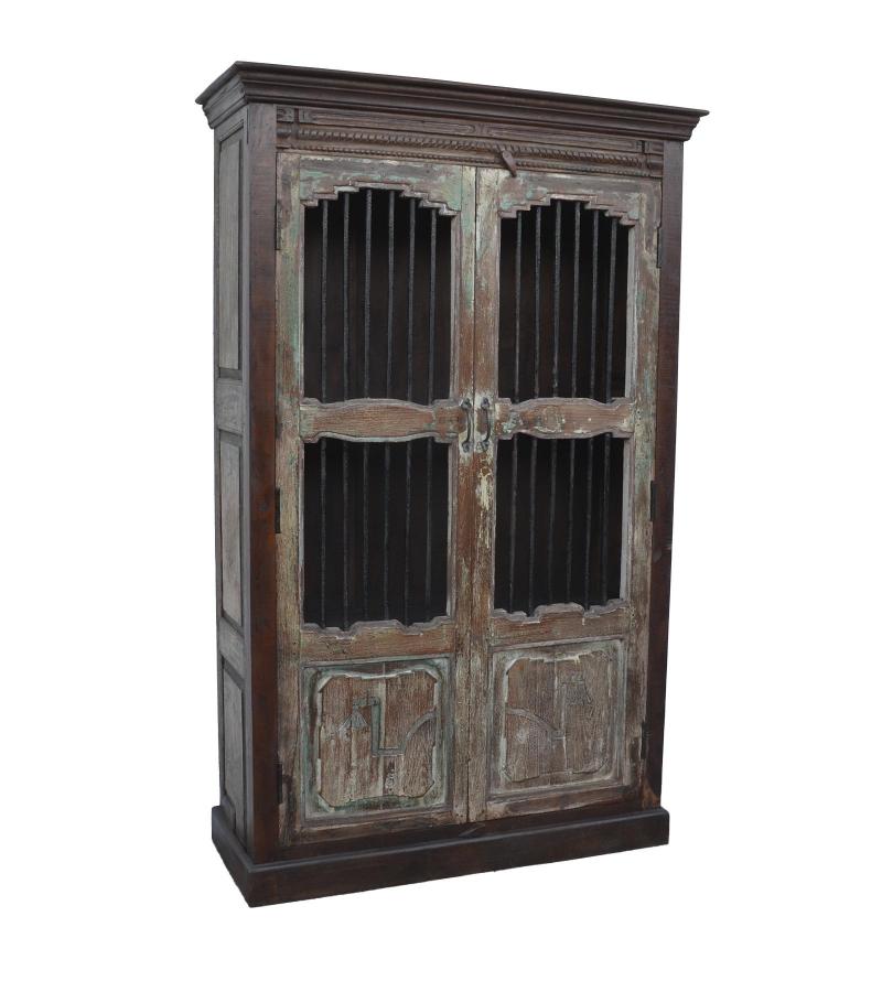 VINTAGE RECLAIMED TEAK WOOD & IRON CABINET DISPLAY CASE 