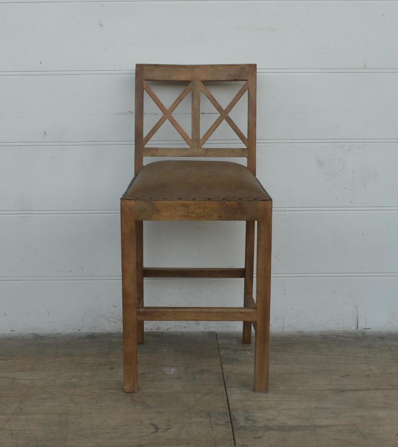 SOLID WOOD COUNTER STOOL W/ FULL HIDE LEATHER SEAT