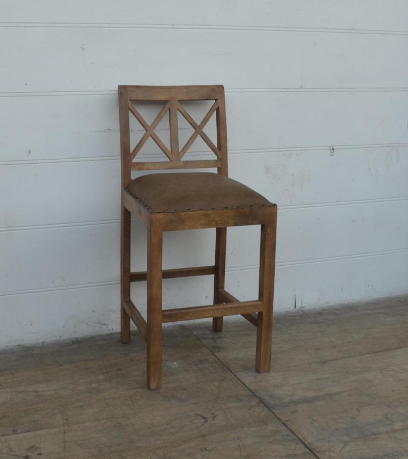 SOLID WOOD COUNTER STOOL W/ FULL HIDE LEATHER SEAT