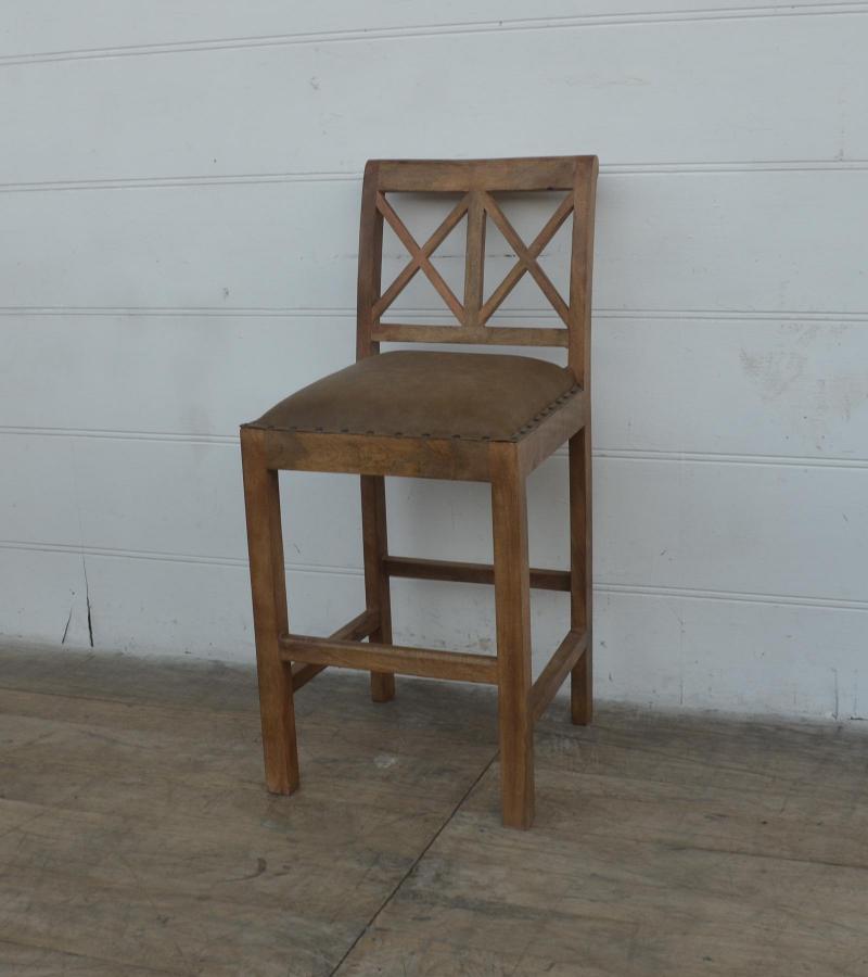 SOLID WOOD COUNTER STOOL W/ FULL HIDE LEATHER SEAT