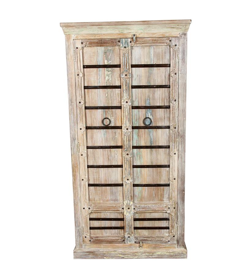 SOLID RECLAIMED CARVED WOOD STORAGE CABINET W/ IRON DETAILS