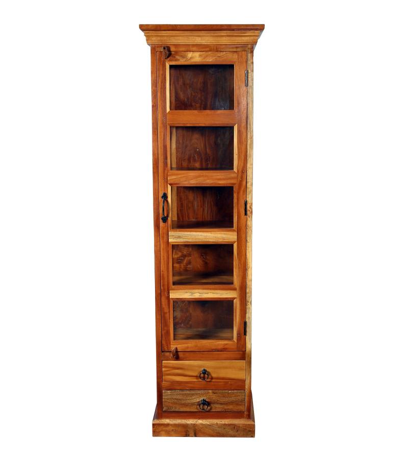 SOLID RECLAIMED TEAK WOOD & GLASS DISPLAY CASE TOWER WITH 2 DRAWERS
