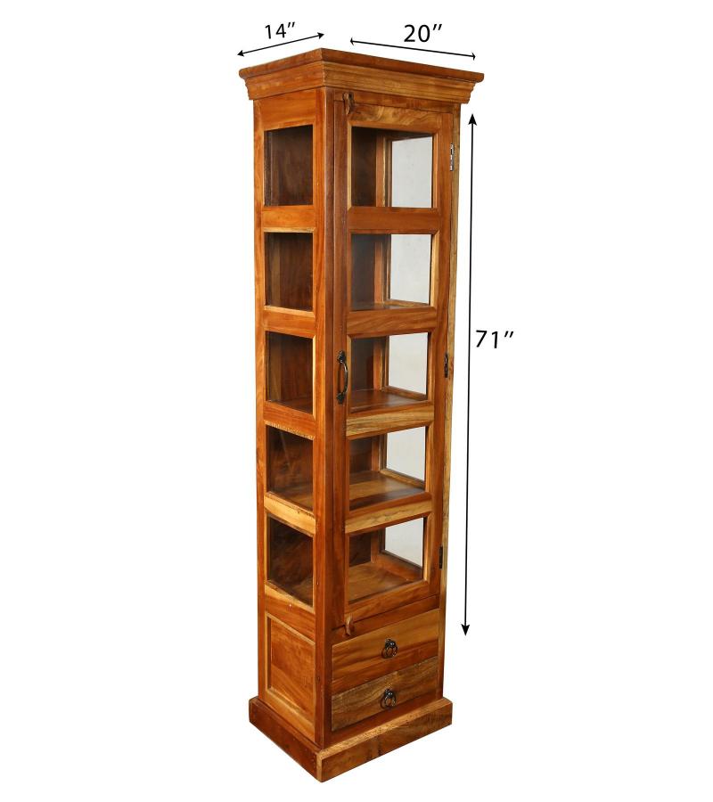 SOLID RECLAIMED TEAK WOOD & GLASS DISPLAY CASE TOWER WITH 2 DRAWERS
