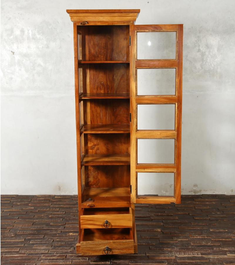 SOLID RECLAIMED TEAK WOOD & GLASS DISPLAY CASE TOWER WITH 2 DRAWERS