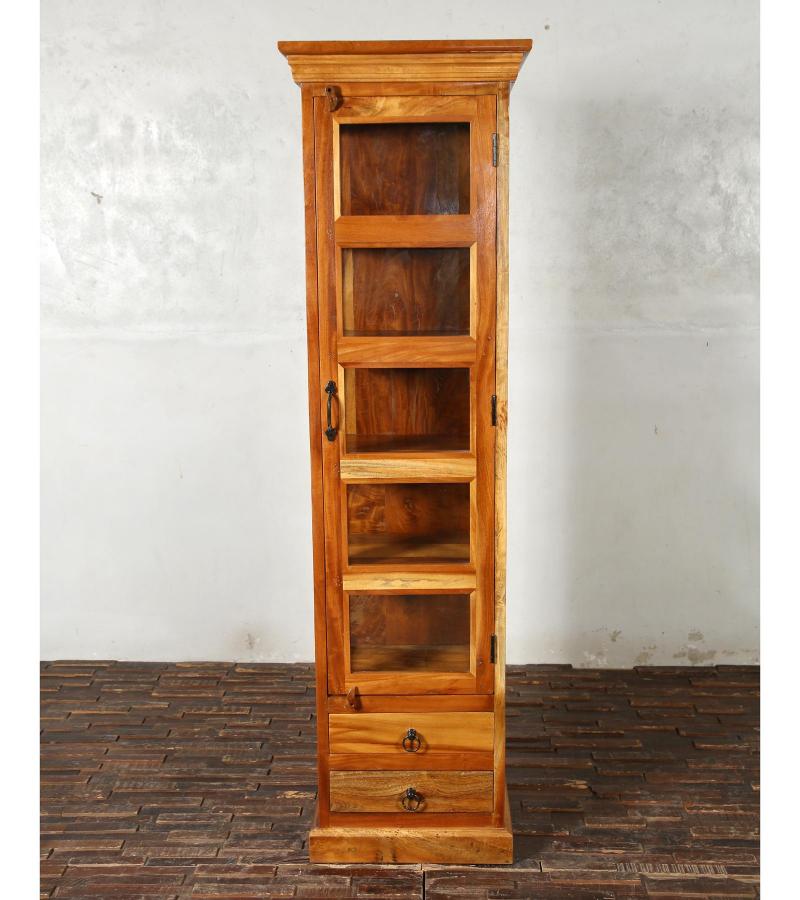 SOLID RECLAIMED TEAK WOOD & GLASS DISPLAY CASE TOWER WITH 2 DRAWERS