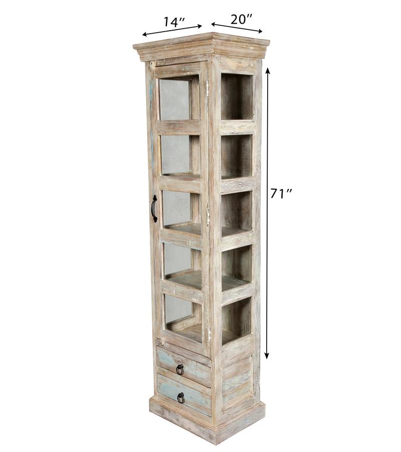 SOLID RECLAIMED TEAK WOOD & GLASS DISPLAY CASE TOWER WITH 2 DRAWERS