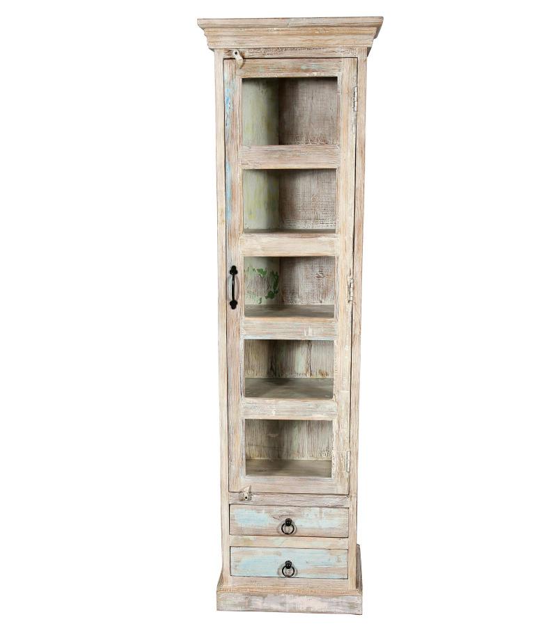 SOLID RECLAIMED TEAK WOOD & GLASS DISPLAY CASE TOWER WITH 2 DRAWERS