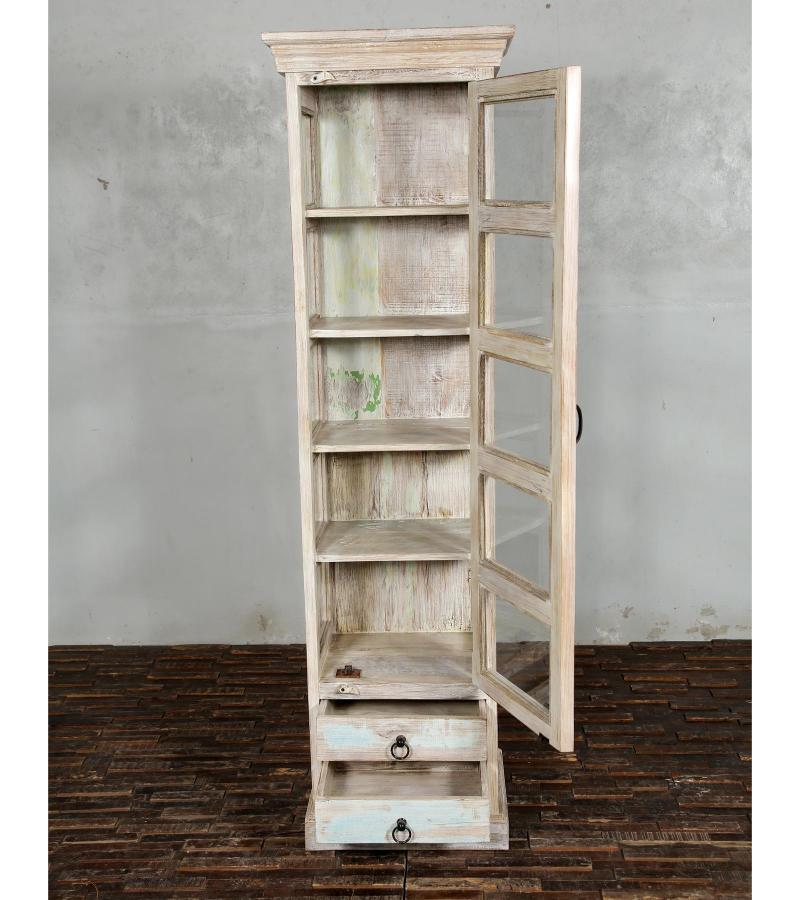 SOLID RECLAIMED TEAK WOOD & GLASS DISPLAY CASE TOWER WITH 2 DRAWERS