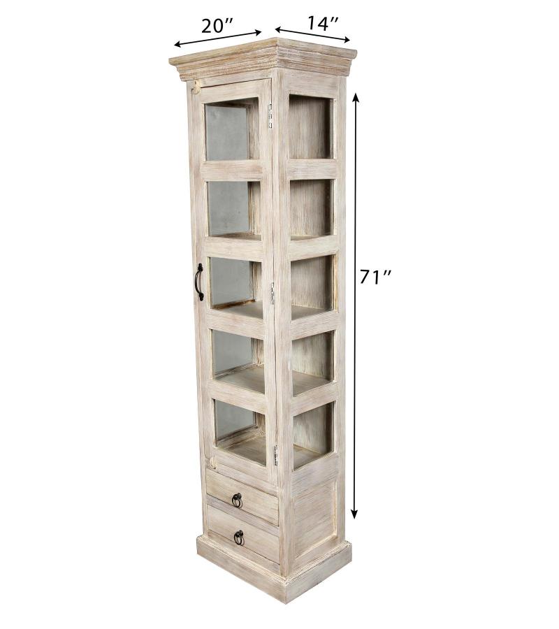SOLID RECLAIMED TEAK WOOD & GLASS DISPLAY CASE TOWER WITH 2 DRAWERS
