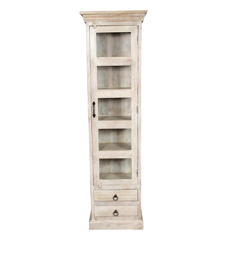 SOLID RECLAIMED TEAK WOOD & GLASS DISPLAY CASE TOWER WITH 2 DRAWERS
