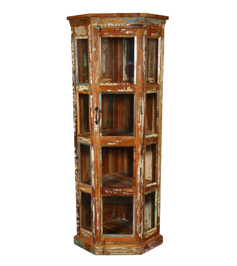 SOLID RECLAIMED TEAK WOOD & GLASS CORNER CABINET