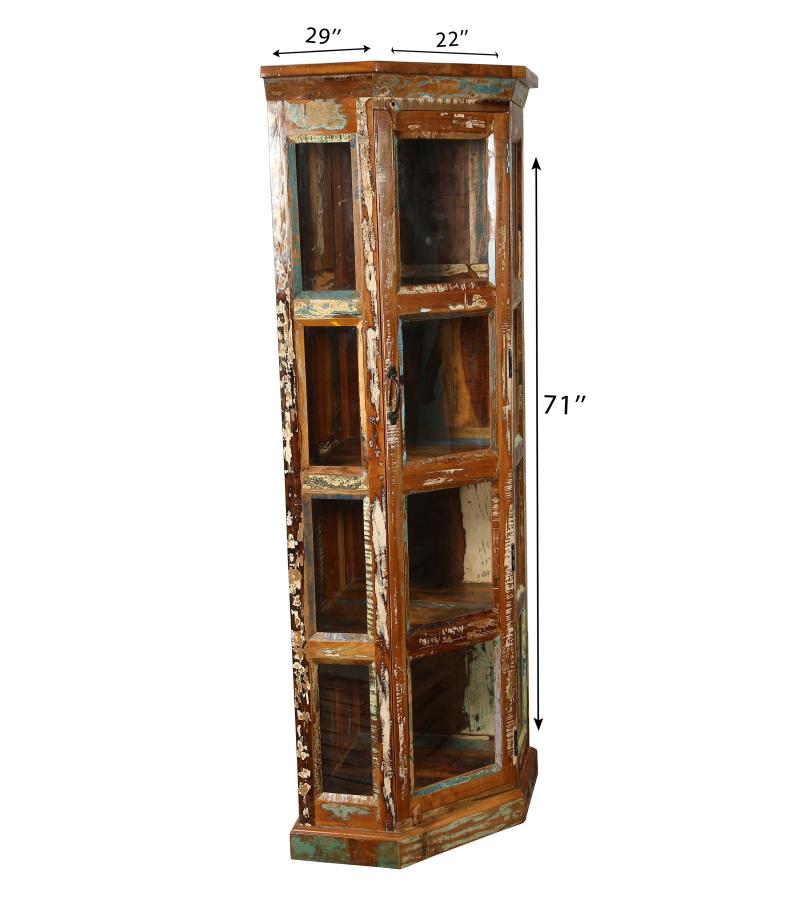 SOLID RECLAIMED TEAK WOOD & GLASS CORNER CABINET