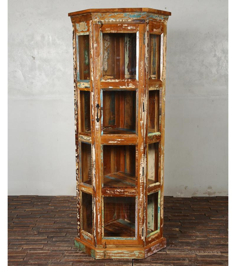 SOLID RECLAIMED TEAK WOOD & GLASS CORNER CABINET