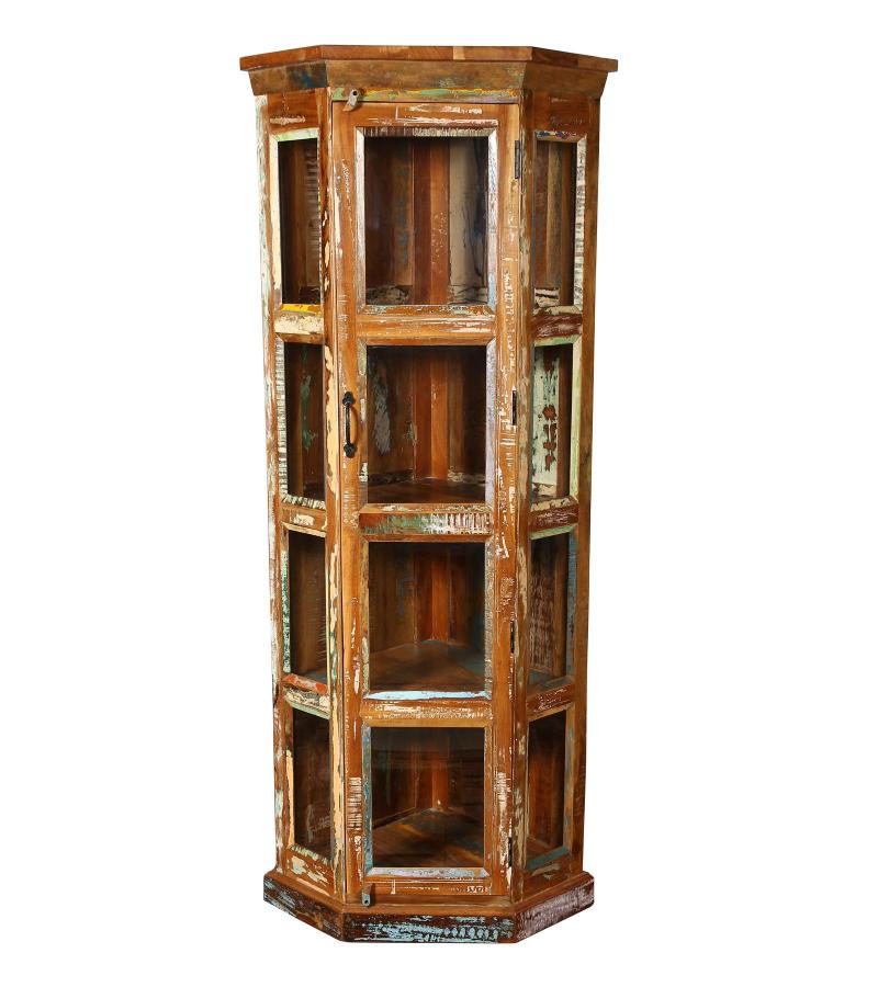 SOLID RECLAIMED TEAK WOOD & GLASS CORNER CABINET